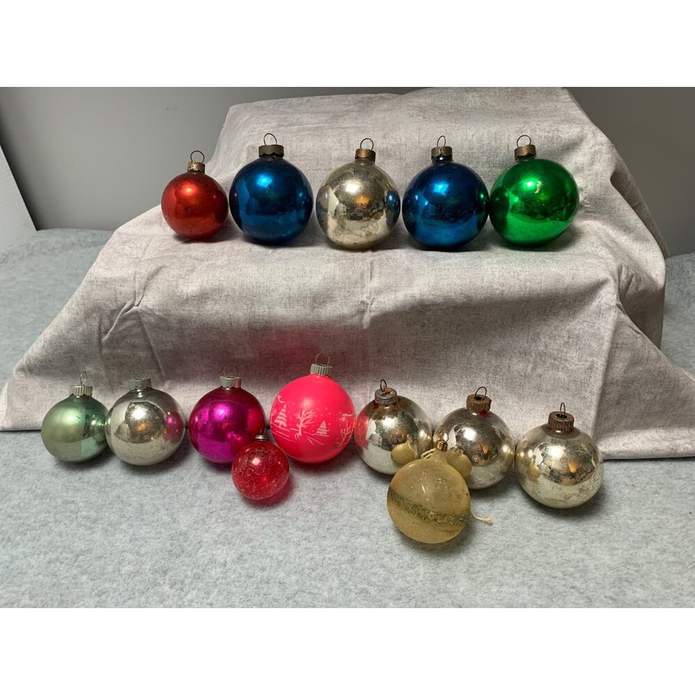 Vintage Glass Christmas Ornaments Set 14 Assorted Metallic Shine Unique Designs